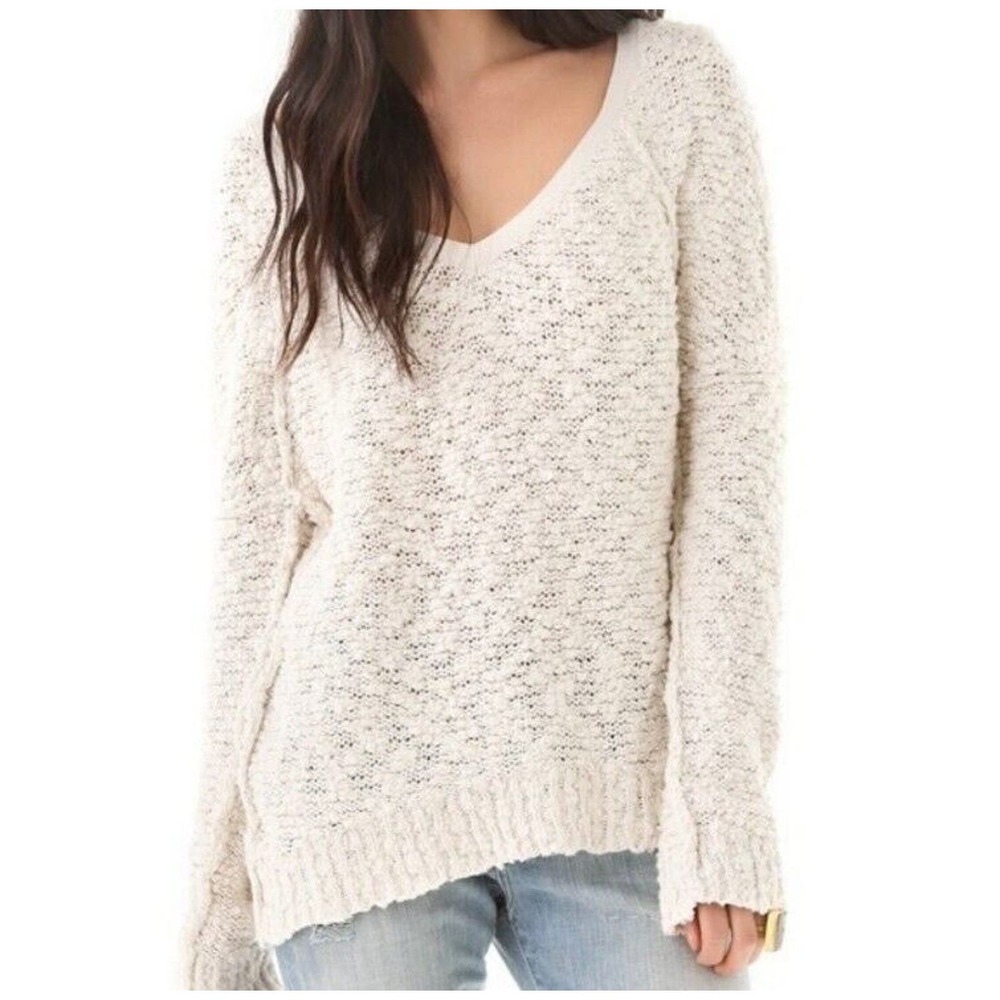 Free People Small Songbird‎ Pullover Sweater Women Ivory Oversized Nubby V-neck
